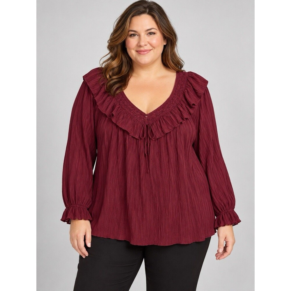 Avenue Burgundy Ruffle Lace Trim V-Neck Long Sleeve Woven Blouse 26/28